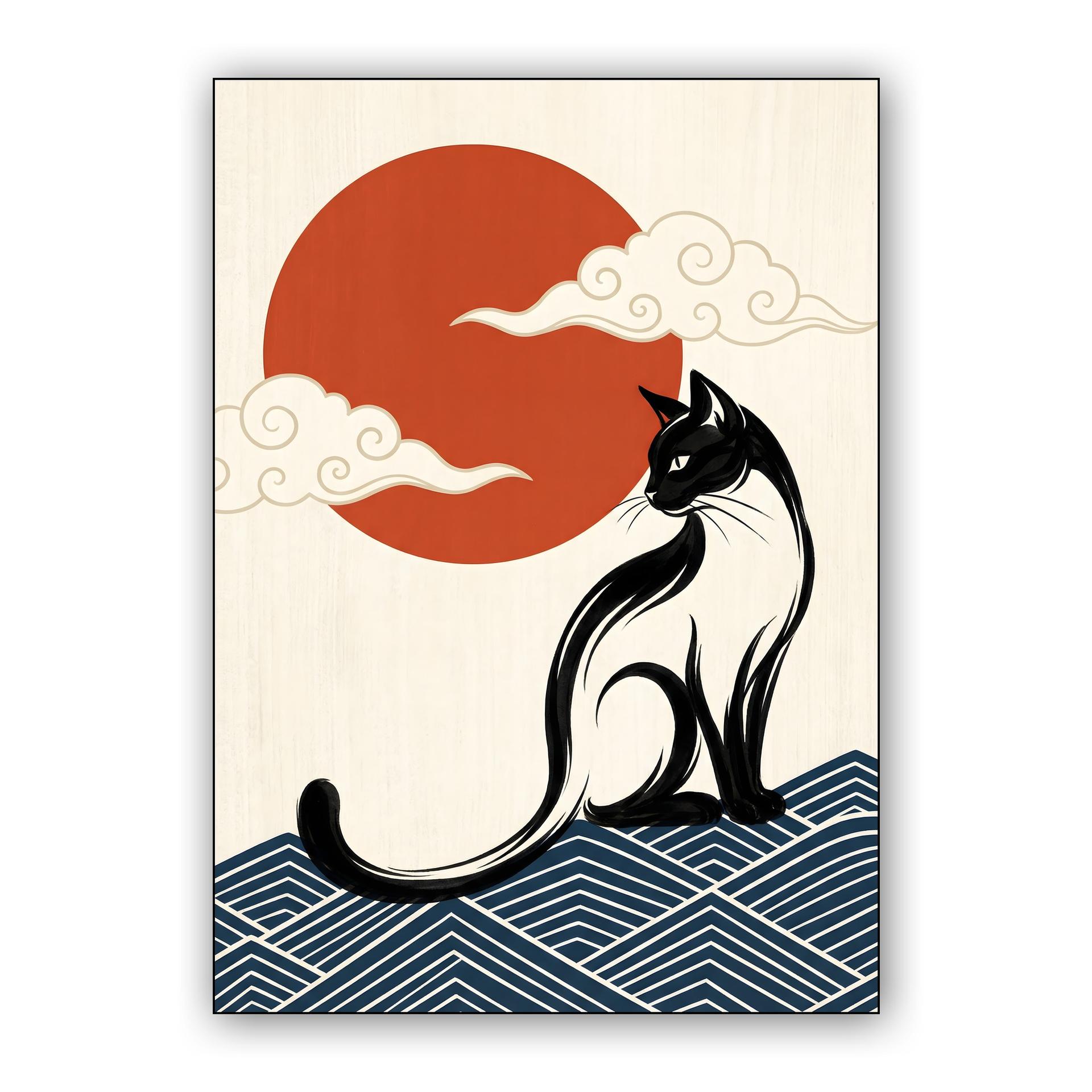 Celestial Zen: Japanese Style Black Cat & Rising Sun
