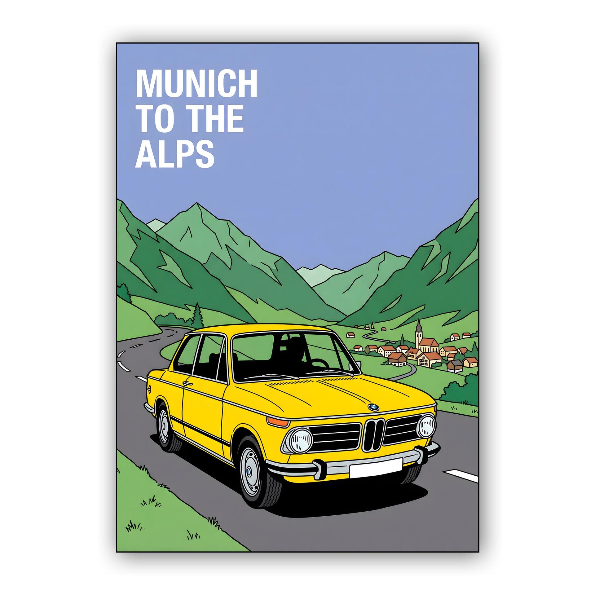 Munich to the Alps: Vintage BMW 2002 Travel Poster