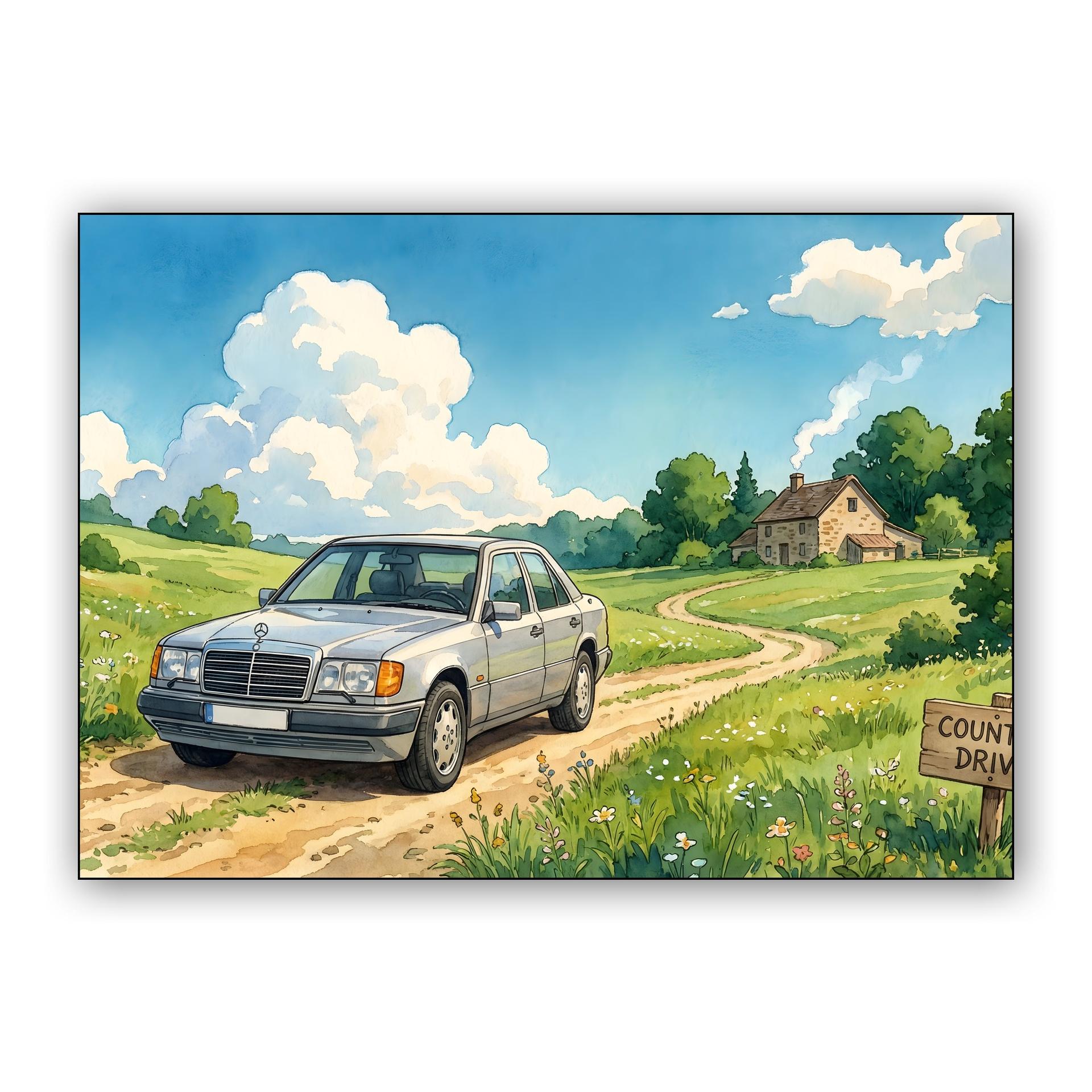 W124 Country Drive: Pastoral Watercolor Illustration