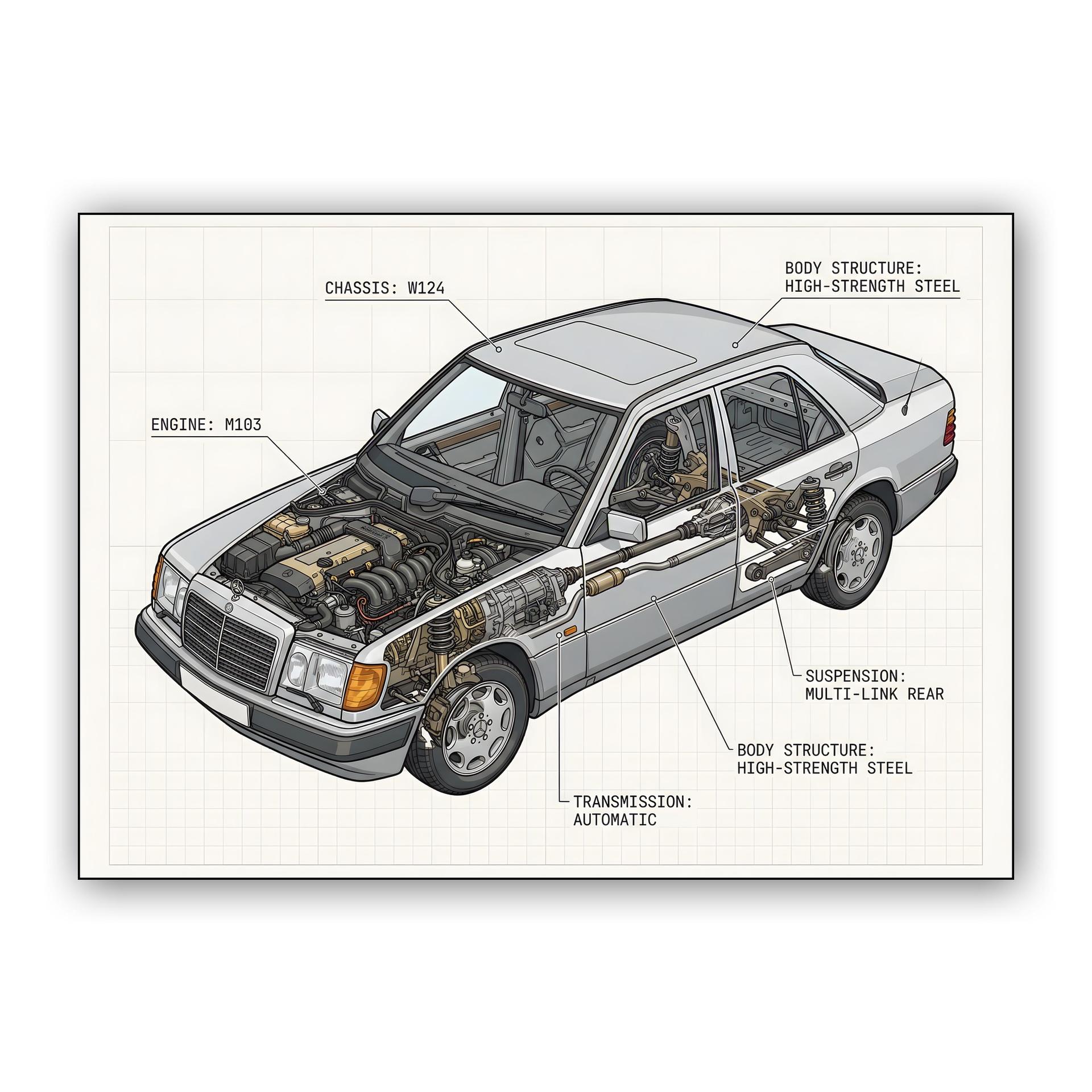 Mercedes-Benz W124: Engineering Cutaway Illustration