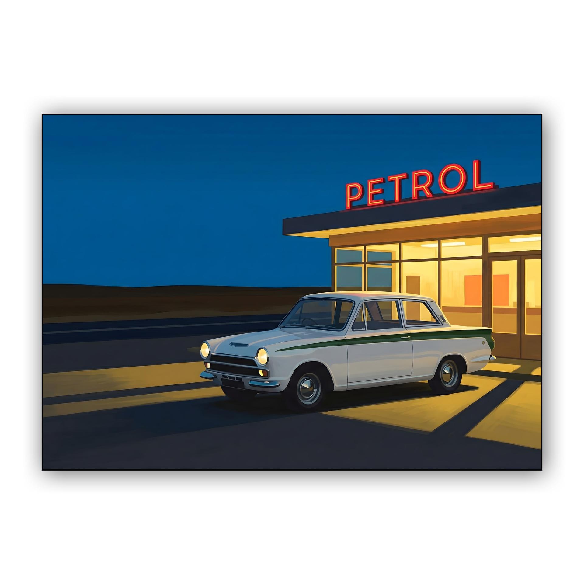 Nocturnal Refuel - Lotus Cortina at the Gas Station