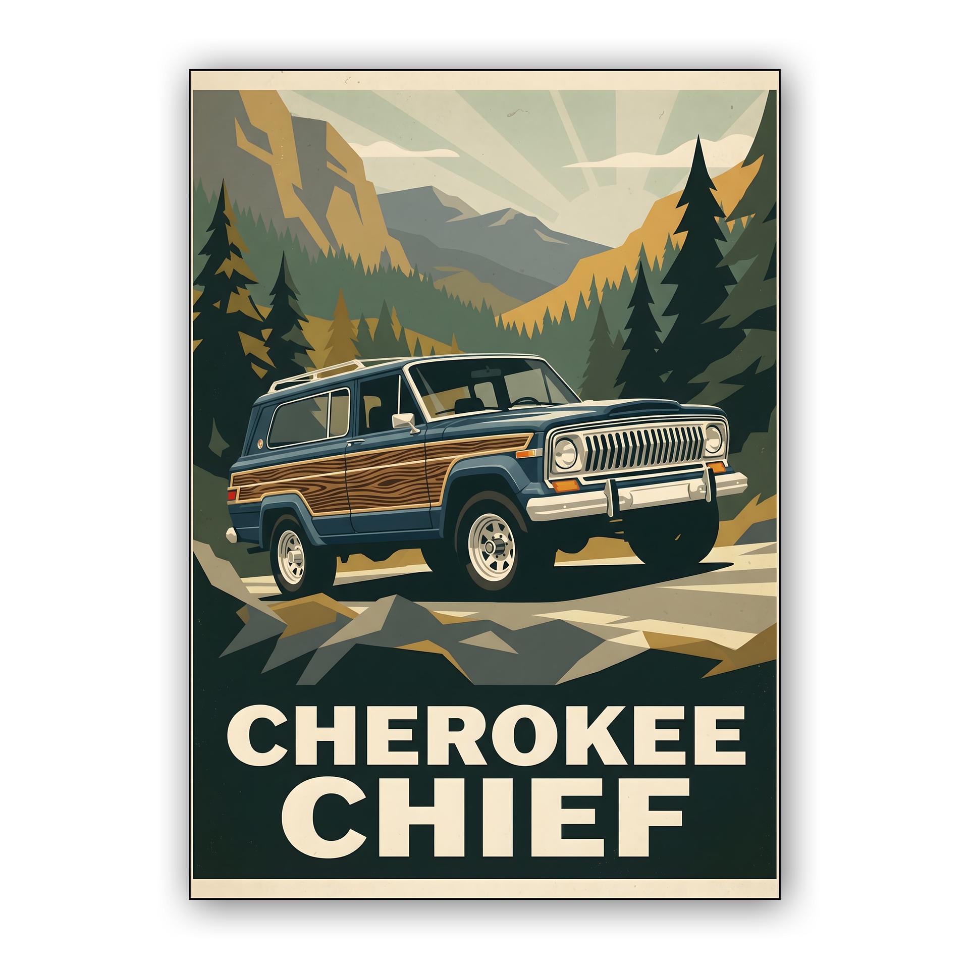 Jeep Cherokee Chief: Mountain Frontier Travel Poster