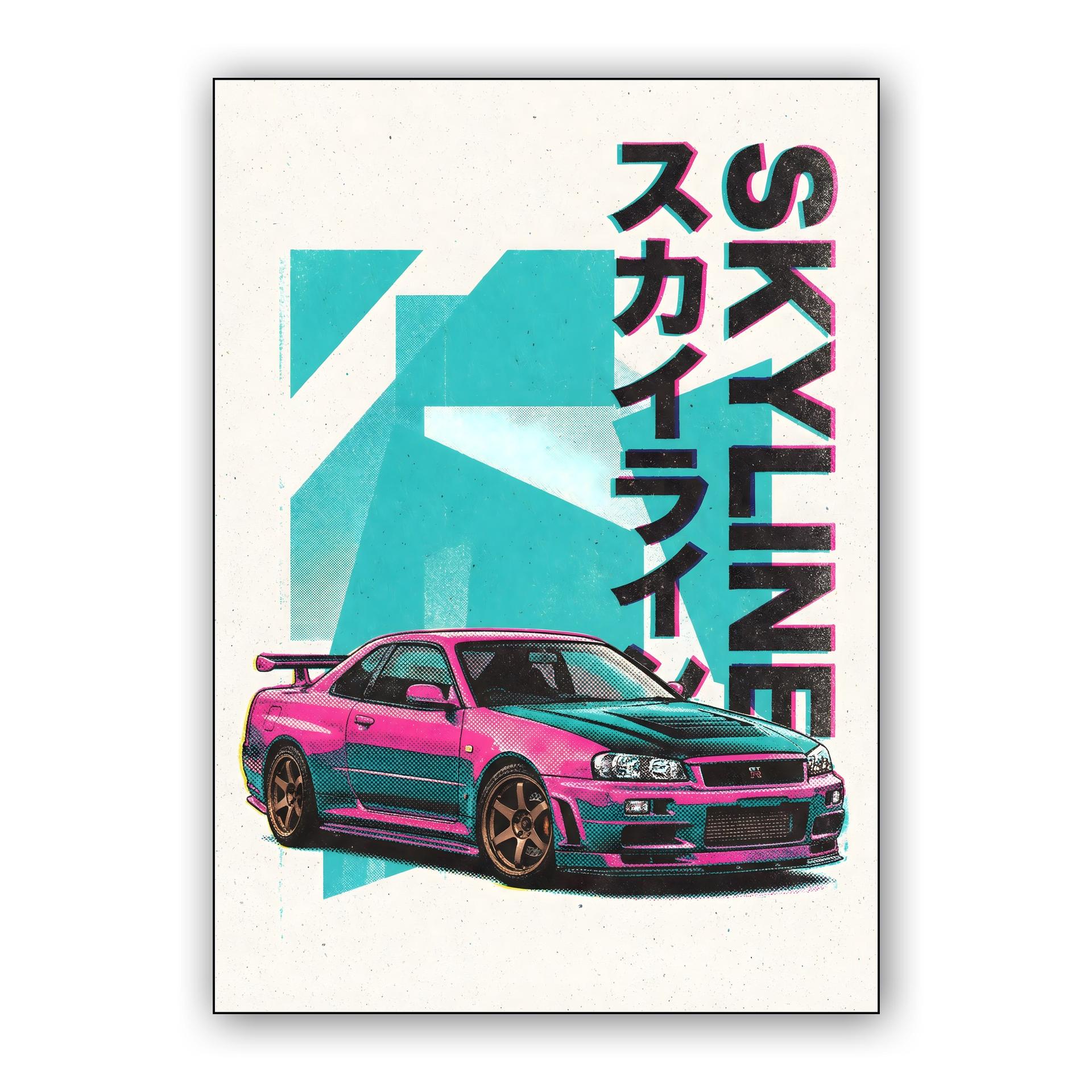 Skyline GT-R R34 Vaporwave Halftone Illustration