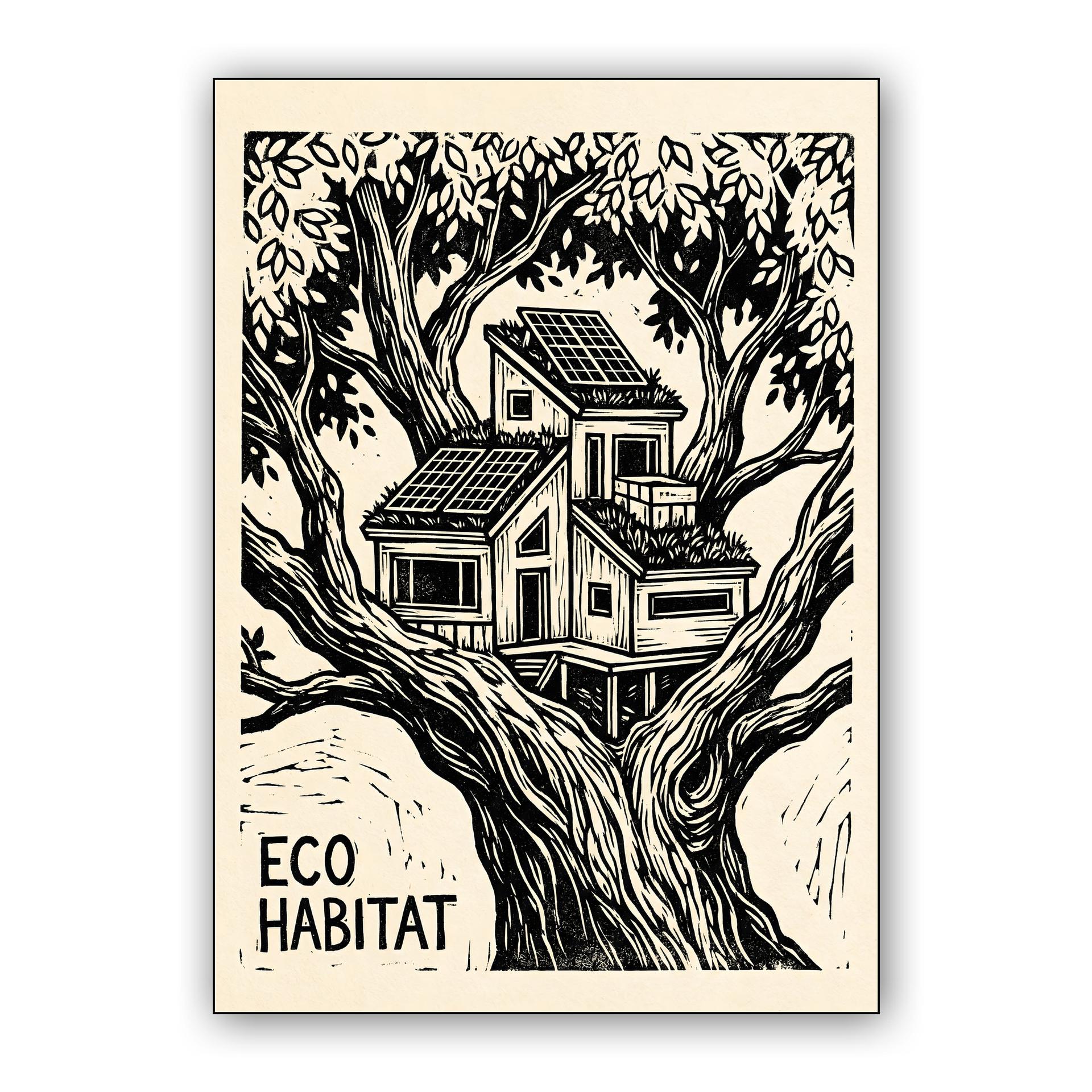 Eco Habitat Modern Treehouse Linocut
