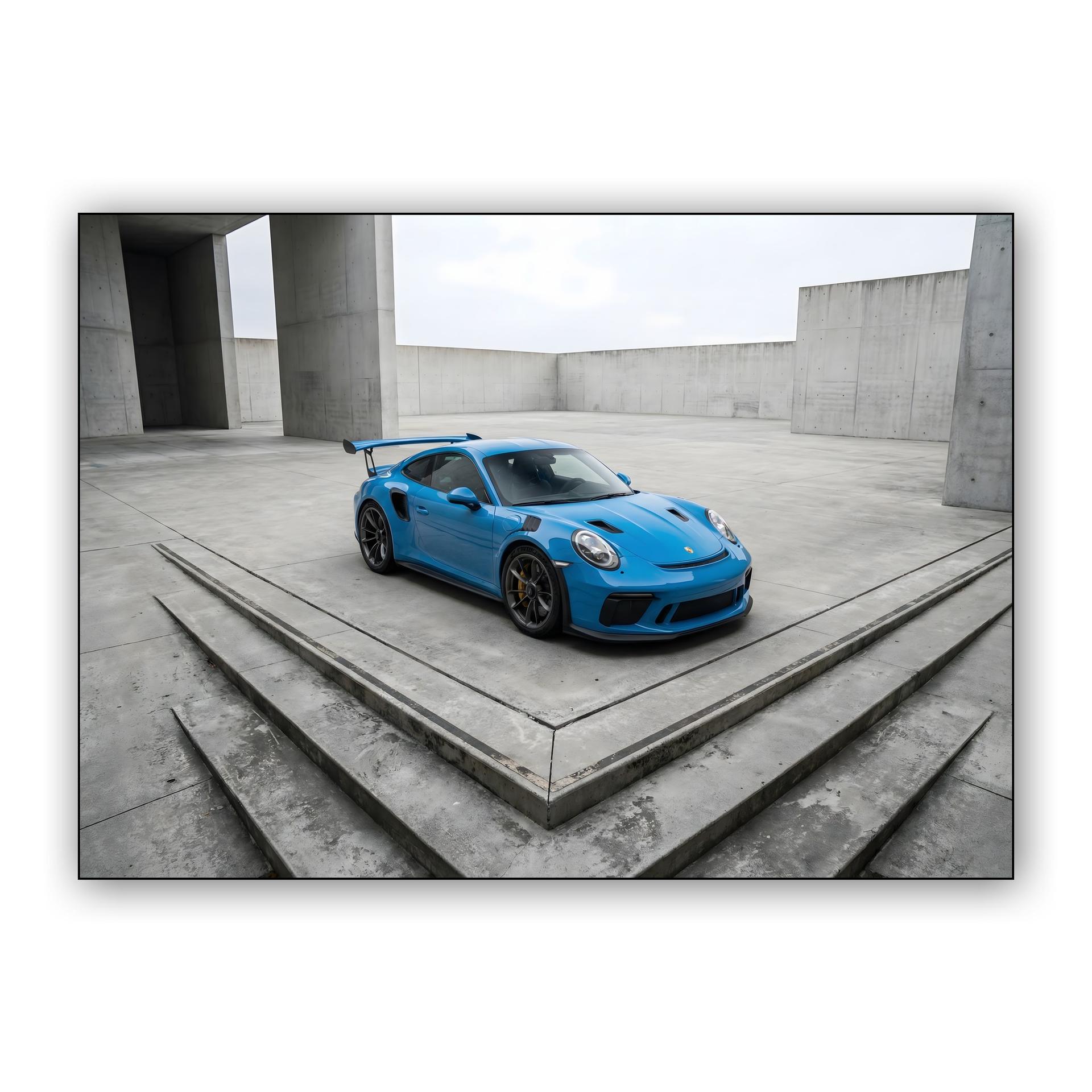 Blue Porsche 911 GT3 RS in Brutalist Setting