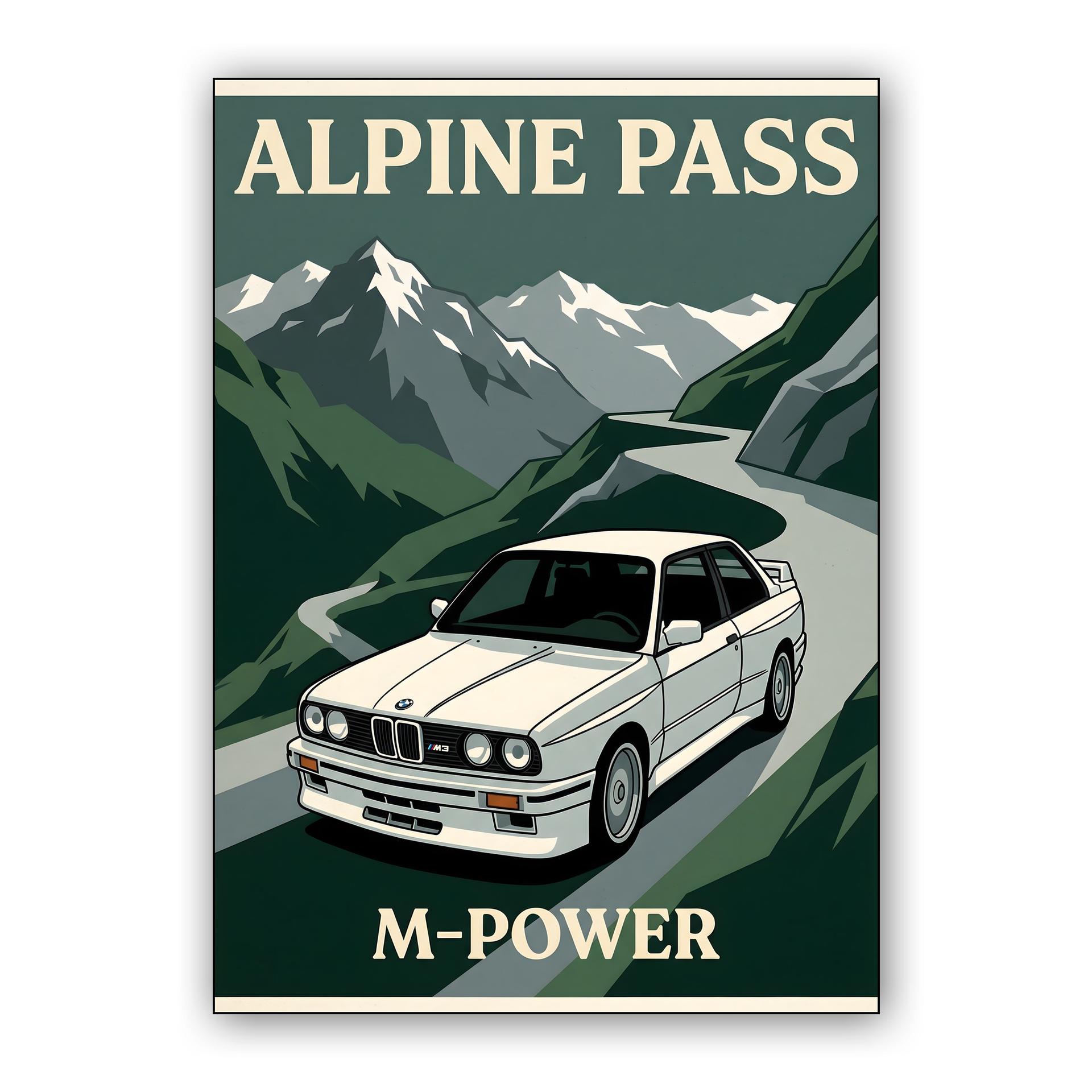 BMW E30 M3 Alpine Pass Retro Poster