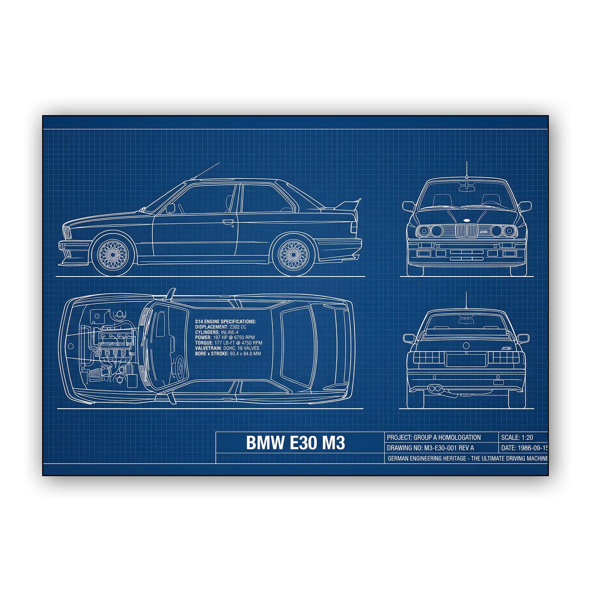 BMW E30 M3 Technical Blueprint Poster
